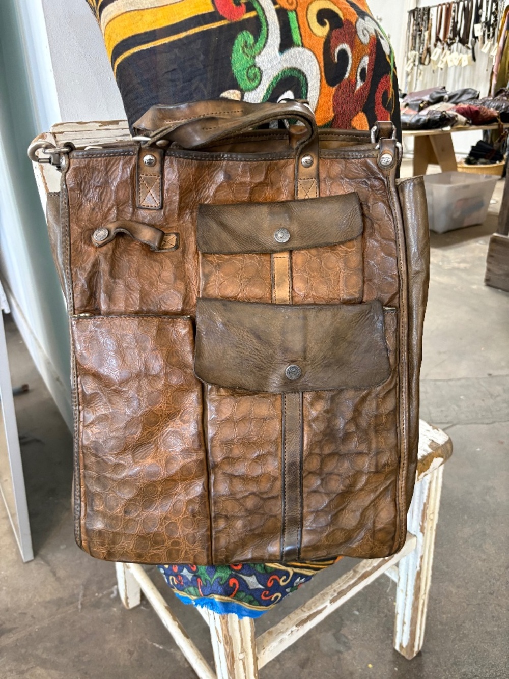 Campomaggi Tokyo Embossed Leather Shopping Tote in Verde Militare